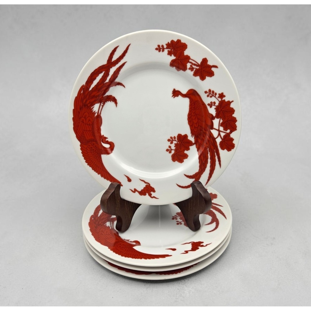 Set Of 4 Neiman Marcus Porcelain Red Peking Peacock Salad Plates Chinoiserie